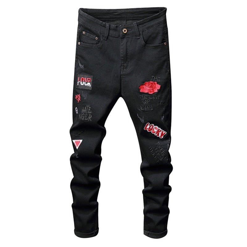 Sokotoo Men&#39;s red flower letters embroidery black jeans Fahion badge stretch denim pants Sokotoo Men&#39;s red flower letters embroidery black jeans Fahion badge stretch denim pants Foreverking