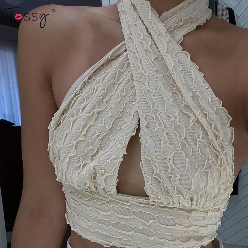 Tossy Sexy Halter Tops For Women Bandage Crop Top Vest Summer Ruffles Backless Cami Party Slim Bodycon Tank Top Streetwear 2021