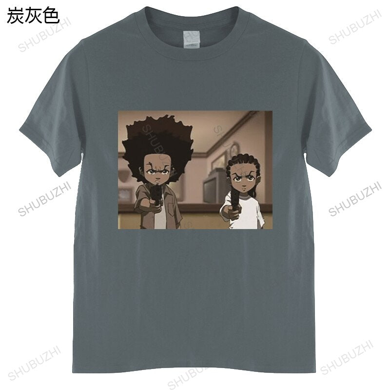 The Boondocks Huey and Riley Print T-shirt Summer Mens Fashion Harajuku Pure Cotton T Shirt brand Retro Short Sleeve