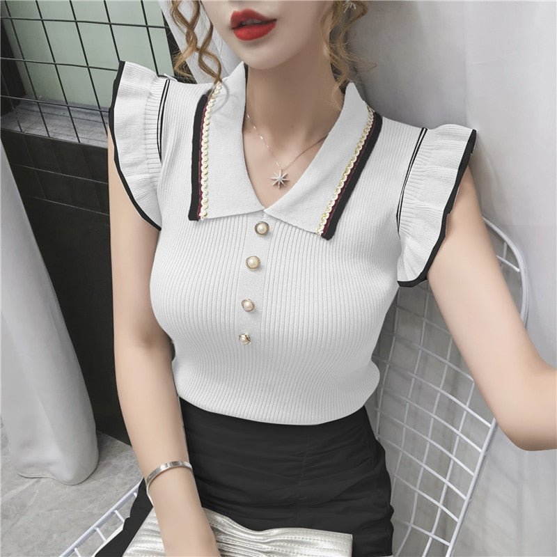 Summer Fashion Korean Slim Crop Tops Women Turn-down Collar Knitted T-shirts Sleeveless Ruffles T Shirt Female Tee Shirt Femme