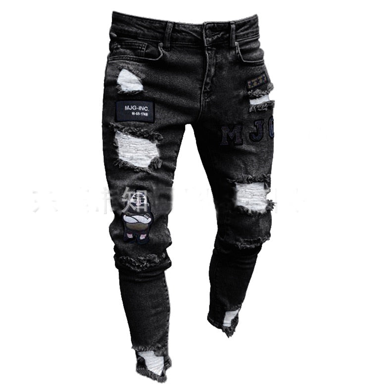 3 Styles Men Stretchy Ripped Skinny Biker Embroidery Print Jeans Destroyed Hole Taped Slim Fit Denim Scratched High Quality Jean 3 Styles Men Stretchy Ripped Skinny Biker Embroidery Print Jeans Destroyed Hole Taped Slim Fit Denim Scratched High Quality Jean Foreverking