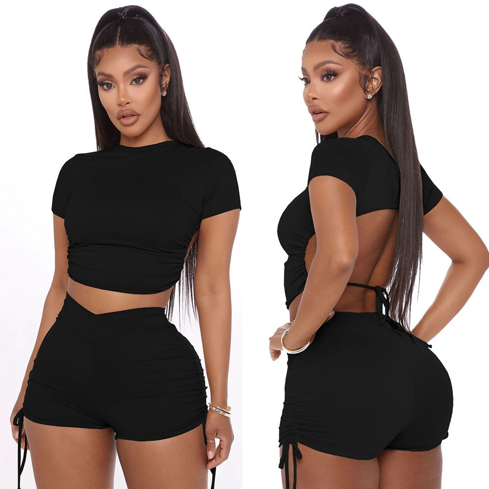 Women Summer Solid Open Back Crop Top Stacked Shorts Jogger Pnats Suit Two Piece Set Sport Matching Set Outfit Fitness Tracksuit Women Summer Solid Open Back Crop Top Stacked Shorts Jogger Pnats Suit Two Piece Set Sport Matching Set Outfit Fitness Tracksuit Foreverking
