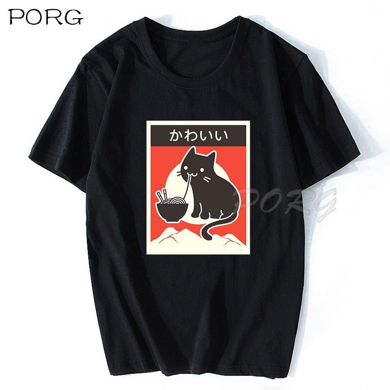 Kawaii Vintage Style Japenese Ramen Cat T Shirt Men Casual Streetwear Harajuku Funny T-Shirt Tee Shirt Homme Cotton100% O-Neck