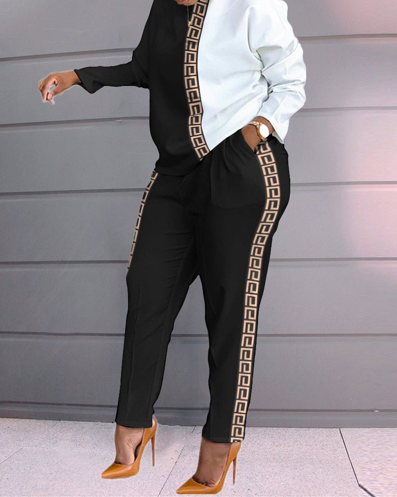 2 Two Piece Set Women Track Suit Fashion Patchwork O-Collar Long Sleeve Set Ladies Top & Long Pants Women Streetwear Set