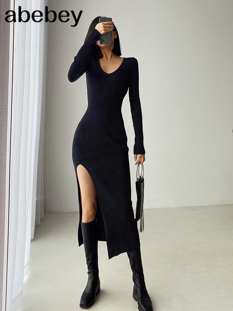 spring and winter sexy French slit sweater dress spring and winter sexy French slit sweater dress female slim tight-fitting hip-knit over-the-knee dresses Foreverking
