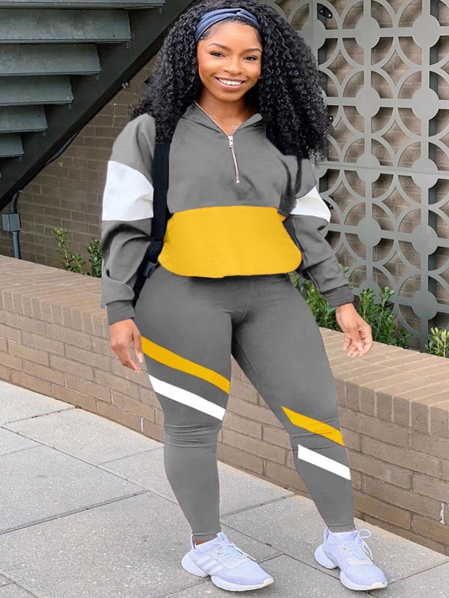 LW Plus Size Women Two Piece Color-lump Tracksuit LW Plus Size Women Two Piece Color-lump Tracksuit Pants Set Patchwork Sporty Long Sleeve Conventional Collar Autumn Outfits Foreverking