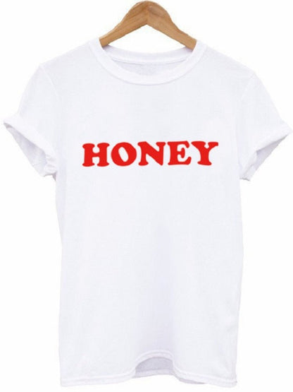 Honey Red Letter Print T Shirt Women Short Sleeve O Neck Loose Yellow Tshirt Summer Ladies Tee Shirt Tops Camisetas Mujer