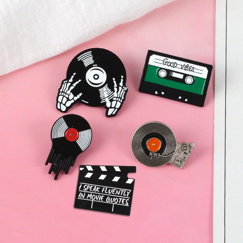 Punk Music Lovers Enamel Pin Good vibes tape DJ Vinyl Record Player badge brooch Lapel pin Jeans shirt Cool Gothic Jewelry Gift