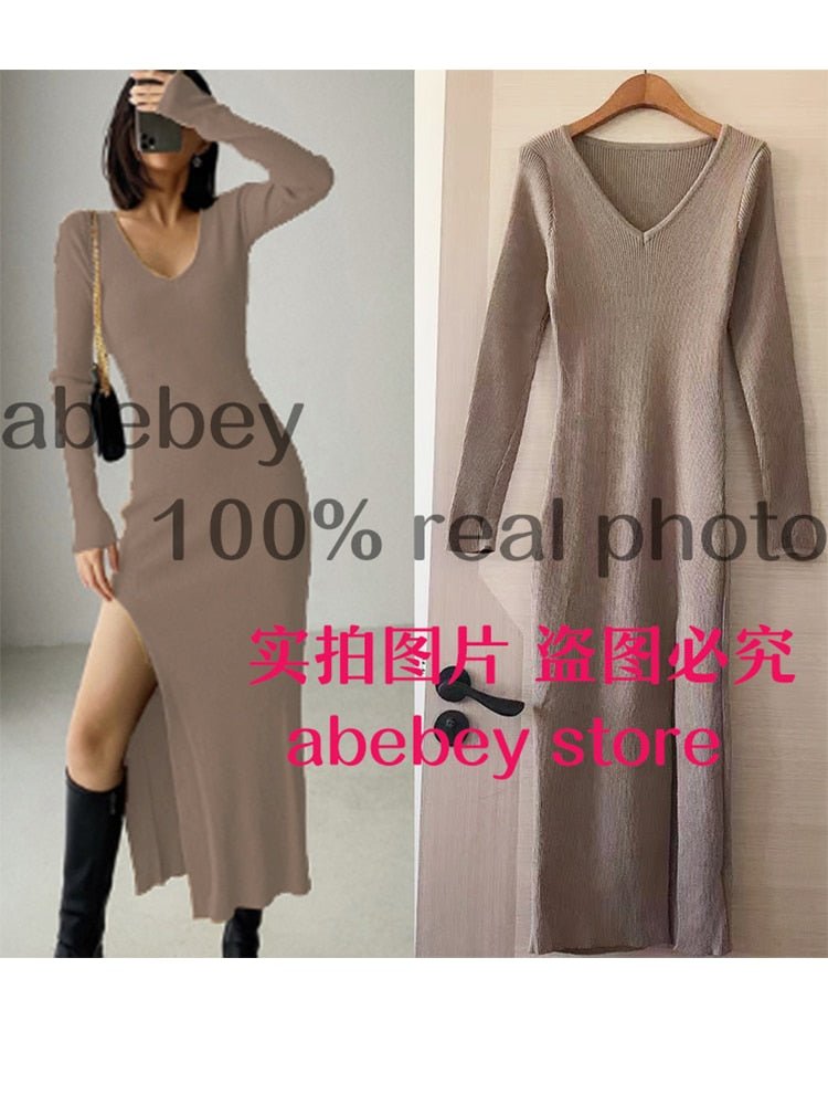 spring and winter sexy French slit sweater dress spring and winter sexy French slit sweater dress female slim tight-fitting hip-knit over-the-knee dresses Foreverking