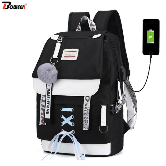 Canvas Usb School Bags for Girls Teenagers Backpack Women Bookbags Black 2022 Large Capacity Middle High College Teen Schoolbag