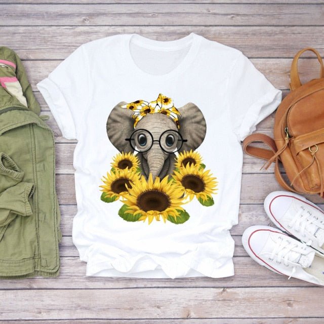 Women Cartoon Casual Short Sleeve Floral Flower Elephant  Lady T-shirts Top T Shirt Ladies Womens Graphic Female Tee T-Shirt freeshipping - Foreverking