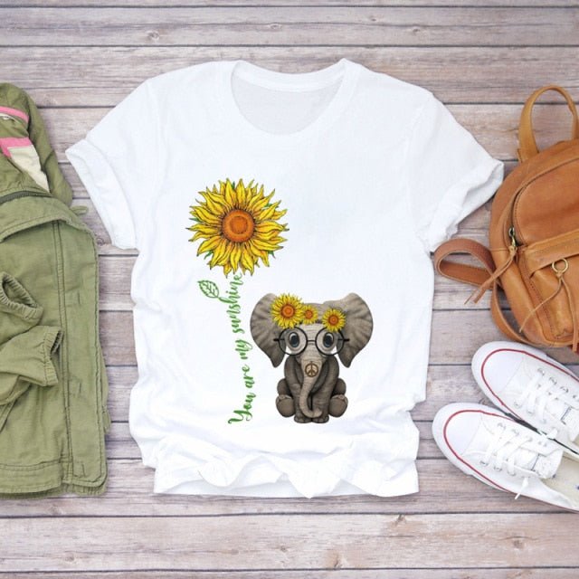 Women Cartoon Casual Short Sleeve Floral Flower Elephant  Lady T-shirts Top T Shirt Ladies Womens Graphic Female Tee T-Shirt freeshipping - Foreverking