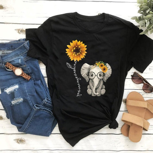 2022 New Elephant sunflower print shirt women casual short sleeve o neck tee tops for female cartoon cute t-shirts femme clothes freeshipping - Foreverking