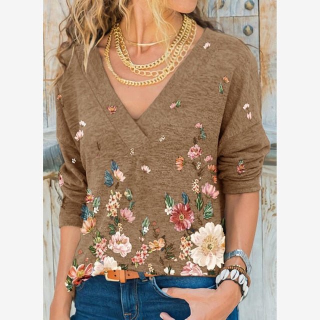 Autumn and Winter New Fashion Women V-neck Flower Print Long-sleeved Casual Loose T-shirt Plus Size freeshipping - Foreverking