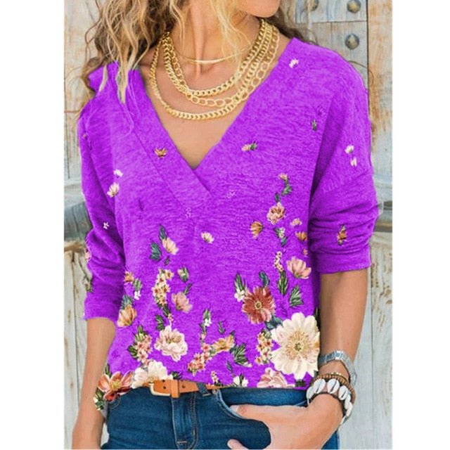 Autumn and Winter New Fashion Women V-neck Flower Print Long-sleeved Casual Loose T-shirt Plus Size freeshipping - Foreverking