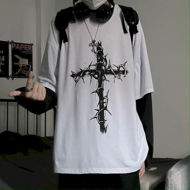 T-shirt Cross of Thorns fake two-piece for men women long-sleeved dark hip-hop loose large size autumn new trend top Simplicity T-shirt Cross of Thorns fake two-piece for men women long-sleeved dark hip-hop loose large size autumn new trend top Simplicity Foreverking