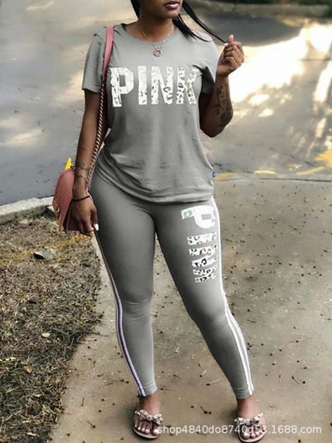 Pink Letter Print Sexy Sweatsuit Tops+Skinny Pants Sweat Suits Two Piece Tracksuit Casual 2 Piece Set Woman Clothes freeshipping - Foreverking