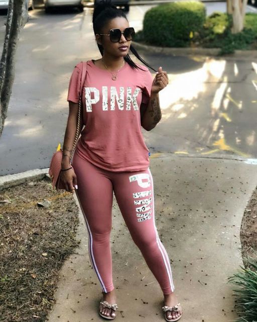 Pink Letter Print Sexy Sweatsuit Tops+Skinny Pants Sweat Suits Two Piece Tracksuit Casual 2 Piece Set Woman Clothes freeshipping - Foreverking