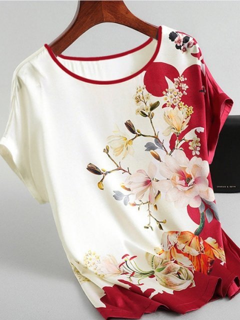 Fashion Floral Print Blouse Pullover Ladies Silk Satin Blouses Plus Size Batwing Sleeve Vintage Print Casual Short Sleeve Tops Fashion Floral Print Blouse Pullover Ladies Silk Satin Blouses Plus Size Batwing Sleeve Vintage Print Casual Short Sleeve Tops Foreverking
