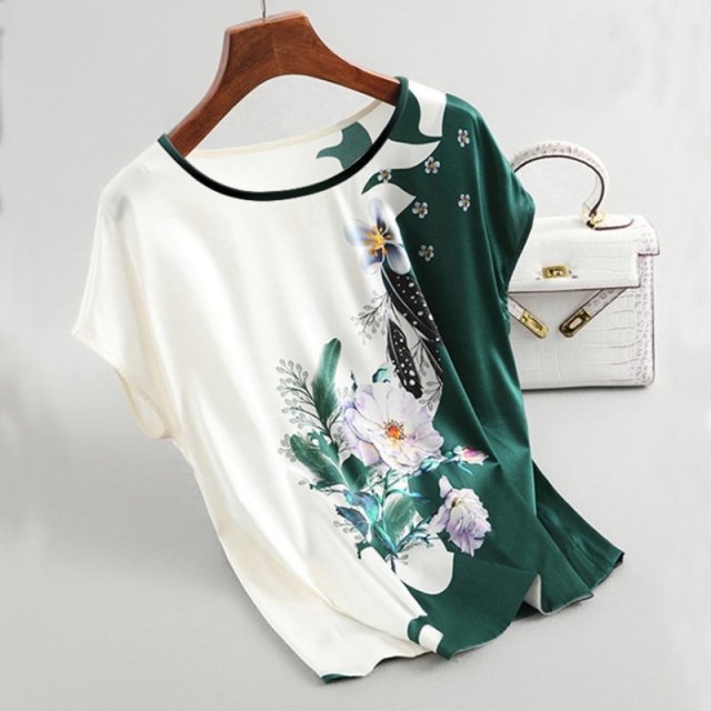 Fashion Floral Print Blouse Pullover Ladies Silk Satin Blouses Plus Size Batwing Sleeve Vintage Print Casual Short Sleeve Tops Fashion Floral Print Blouse Pullover Ladies Silk Satin Blouses Plus Size Batwing Sleeve Vintage Print Casual Short Sleeve Tops Foreverking