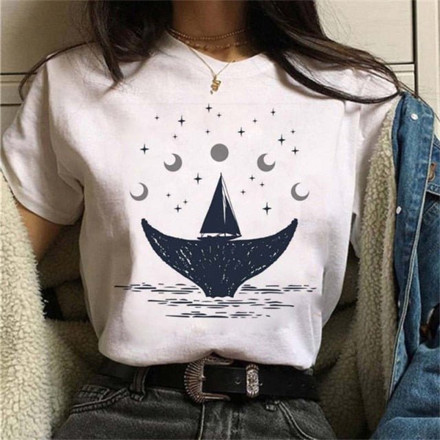 Maycaur New Funny Moon Print T Shirt Women White and Black Shirts Fashion Round Neck Short Sleeve T-Shirt Summer Tees Casual Top freeshipping - Foreverking