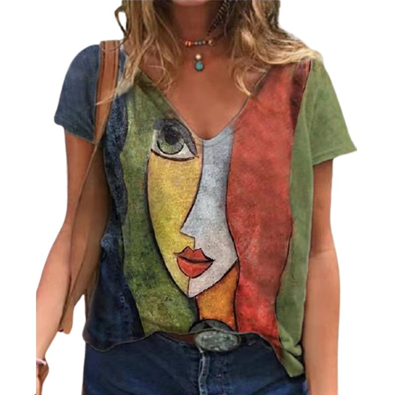 V Neck Tshirt Women Summer Casual Oversize Print Shirt Tops Loose Vintage Female Tee Streetwear Y2K Short Sleeve Clothes S-5XL freeshipping - Foreverking