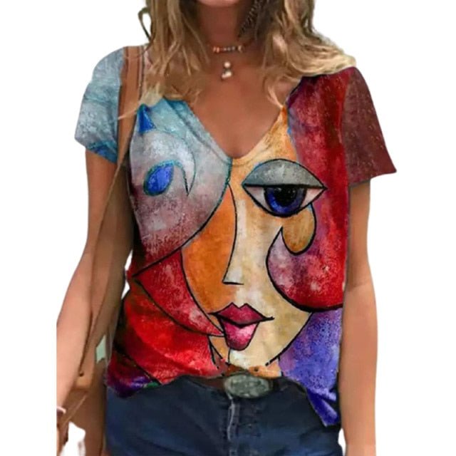 V Neck Tshirt Women Summer Casual Oversize Print Shirt Tops Loose Vintage Female Tee Streetwear Y2K Short Sleeve Clothes S-5XL freeshipping - Foreverking