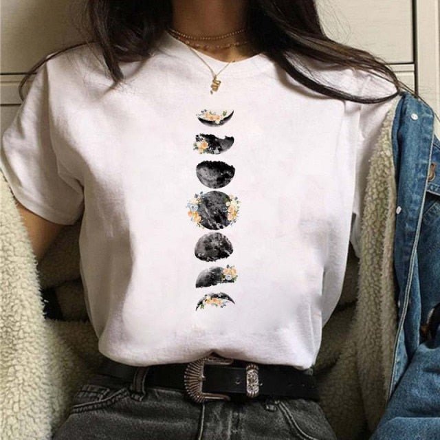 Maycaur New Funny Moon Print T Shirt Women White and Black Shirts Fashion Round Neck Short Sleeve T-Shirt Summer Tees Casual Top freeshipping - Foreverking