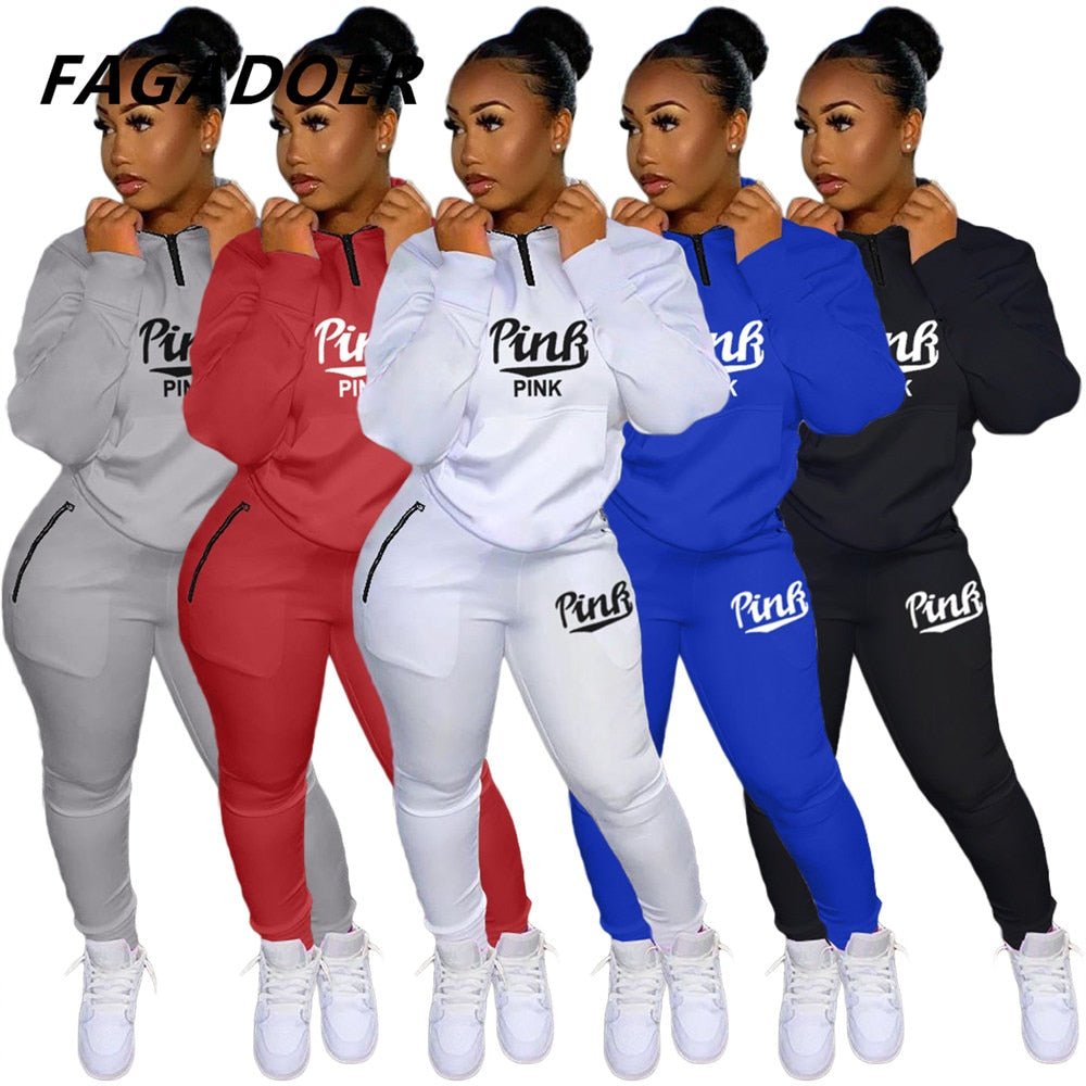 Fall Winter Tracksuits Two Piece Set Pink Letter Print Solid Casual Outfits Zip Sweatshirt freeshipping - Foreverking