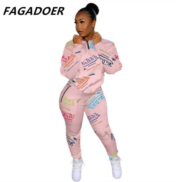 Fall Winter Tracksuits Two Piece Set Pink Letter Print Solid Casual Outfits Zip Sweatshirt freeshipping - Foreverking