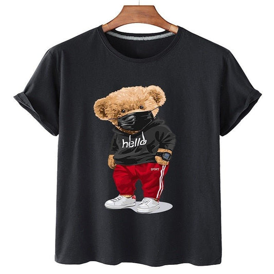 100% Cotton Sports Mask Bear Print Short-sleeved T-shirt Female Half-sleeved Summer Casual Oversized T-shirt Ladies Shirt S-4XL freeshipping - Foreverking