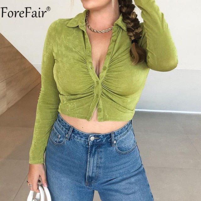Forefair 2022 Blue Sexy Women Crop Top Y2k V Neck Casual Ruched Long Sleeve Summer Green T Shirt Fashion Female Tee Vintage freeshipping - Foreverking