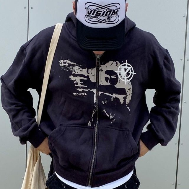 Anime print Gothic Streetwear Long Sleeve Black Zip Hoodie Y2k Grunge clothes Sweatshirt Korean Fashion Punk Sport Coat Pullover freeshipping - Foreverking