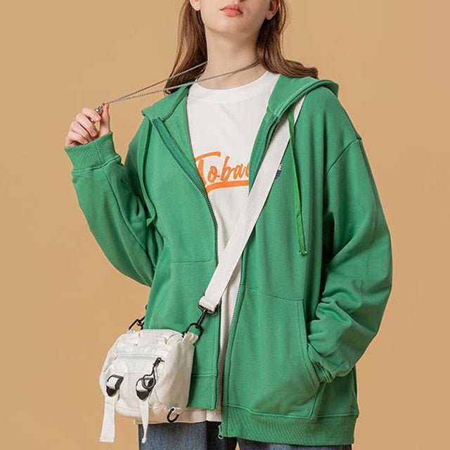 Women hoodie Harajuku Korean zip up hoodie Y2k loose thin long sleeved hooded sun protection coat solid color retro shirt girl freeshipping - Foreverking