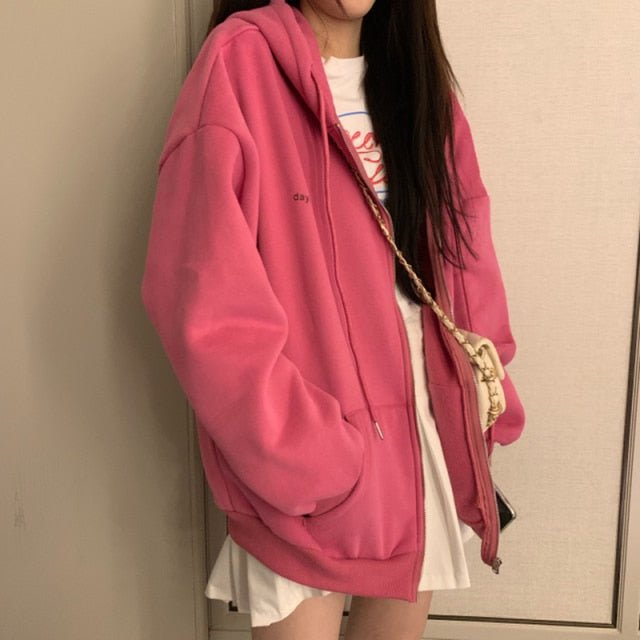 Women hoodie Harajuku Korean zip up hoodie Y2k loose thin long sleeved hooded sun protection coat solid color retro shirt girl freeshipping - Foreverking