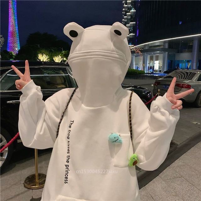 Unisex t-shirt Frog Zipper Hoodie Fleece Lined Springtime Embroidery oversized Sweatshirt Harajuku Warm Pullover Korean Style Dropship freeshipping - Foreverking