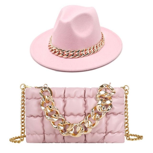 Fedora Blue Black Fedora Hat Oversized Chain Accessory Bag Hat For Women Fashion Luxury New Hat Latest Chain Two-piece Set шапка freeshipping - Foreverking