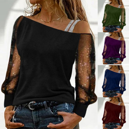 Fashion Woman Tshirts Long Sleeve Solid Colour Sexy Off Shoulder Tops Autumn Casual Streetwear T-shirt Vintage Women Clothes freeshipping - Foreverking