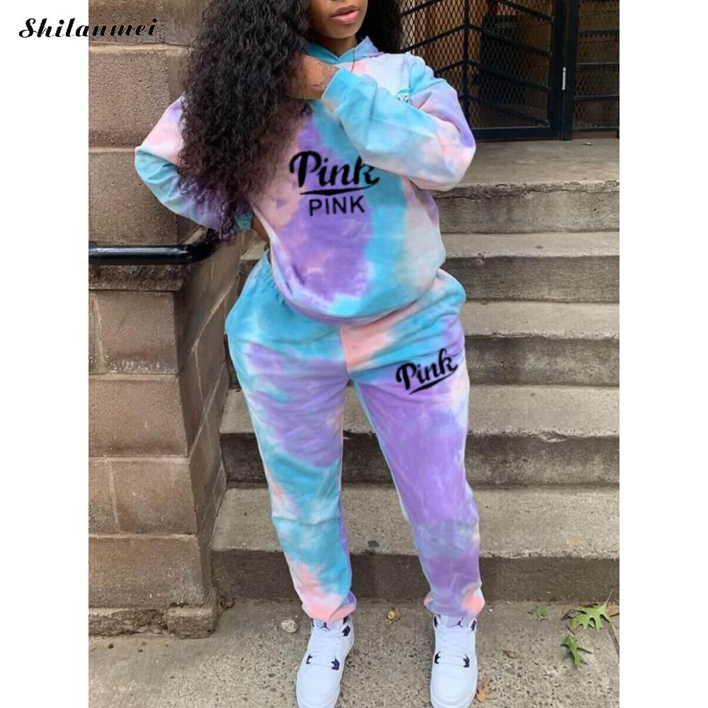 Foreverking Tie Dye Two Piece Sets Women 3XL Tracksuits Suits Pink Letter Print Casual Sporty Hoody Outfits 2022 Spring Fashion Sweatsuits Tie Dye Two Piece Sets Women 3XL Tracksuits Suits Pink