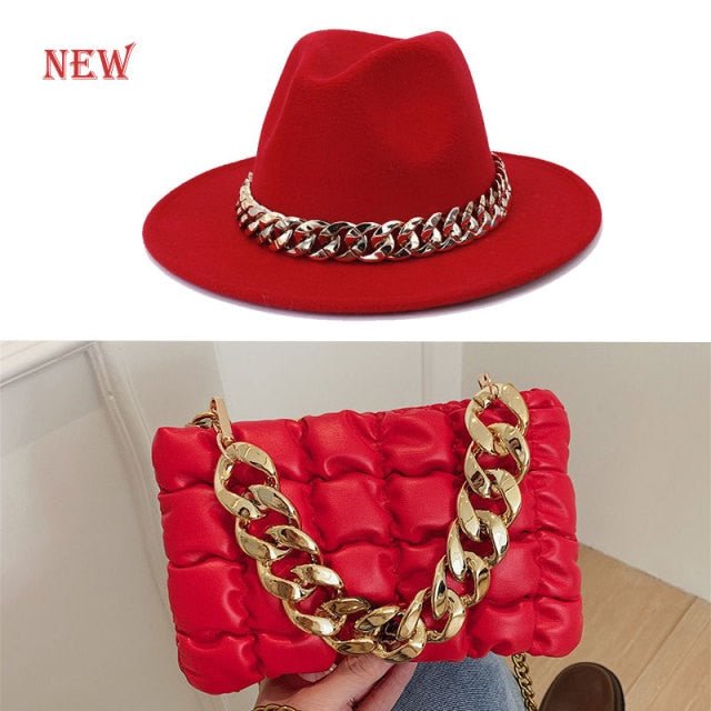 Fedora Blue Black Fedora Hat Oversized Chain Accessory Bag Hat For Women Fashion Luxury New Hat Latest Chain Two-piece Set шапка freeshipping - Foreverking