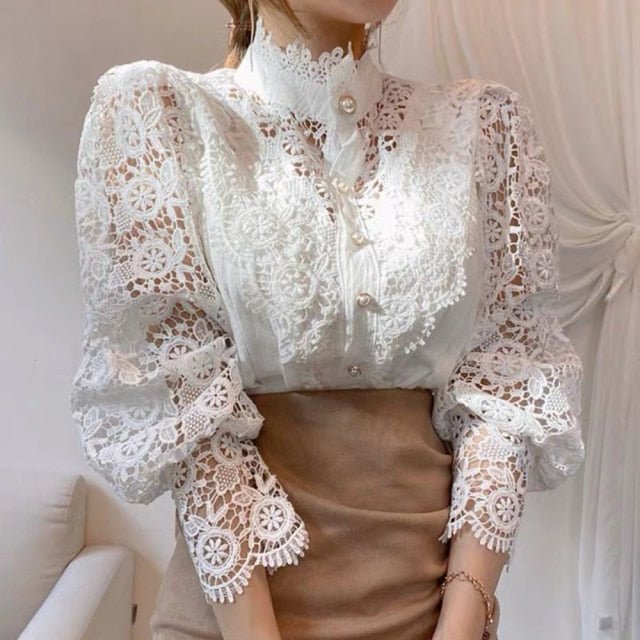 Women Sexy Lace Patchwork Hollow Out Shirt Blouse Long Sleeve O-Neck Mesh Design Tops 2022 Spring White Vintage Button Shirts freeshipping - Foreverking