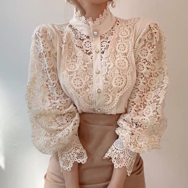 Women Sexy Lace Patchwork Hollow Out Shirt Blouse Long Sleeve O-Neck Mesh Design Tops 2022 Spring White Vintage Button Shirts freeshipping - Foreverking