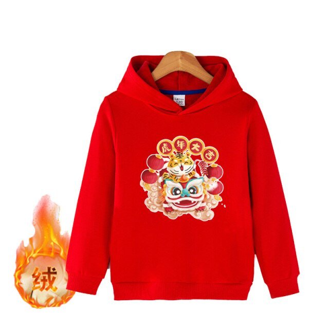 2022 New Year Children&#39;s Red Hoodie Sweater Boys and Girls Years of The Zodiac Tiger Pattern Cartoon Silver Fox Velvet Hoodie freeshipping - Foreverking