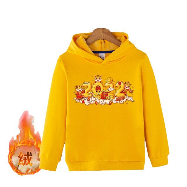 2022 New Year Children&#39;s Red Hoodie Sweater Boys and Girls Years of The Zodiac Tiger Pattern Cartoon Silver Fox Velvet Hoodie freeshipping - Foreverking
