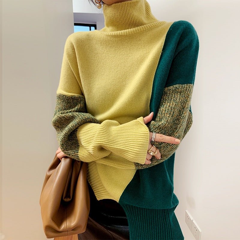 High neck contrast sweater womens loose autumn and winter new sweater bottoming shirt yellow green sweater Pullover High neck contrast sweater womens loose autumn and winter new sweater bottoming shirt yellow green sweater Pullover Foreverking